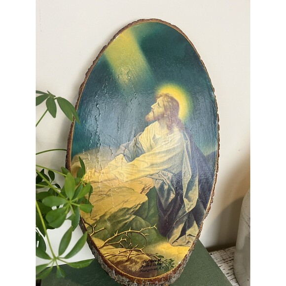 Vintage Jesus Decoupage on Wood with Bark 17” Wall Hanging Christ In The Garden - Picture 3 of 7